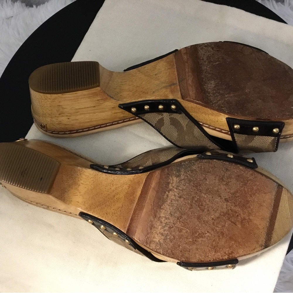Coach Brown Signature Canvas Slide Sandals with Black Trim and Gold Buttons - Picture 3 of 8